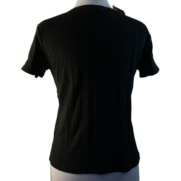 Ann Taylor Classic Black Tee Top Short Sleees Pullover Cotton Mini Rib Sz S NEW - Picture 3 of 4